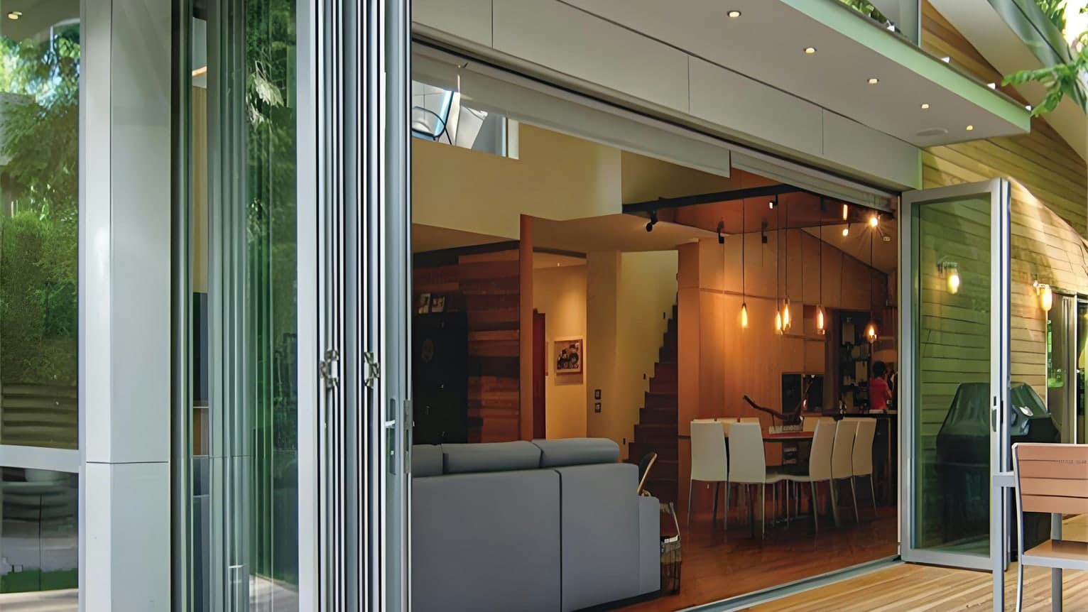 Glazed folding doors stacked back against the jamb, opening a living room onto a timber deck